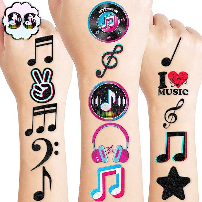 (96PCS) Music Note Notes Musical Motivational Pre-Cut Temporary Tattoos for Kids Birthday Themed Party Supplies Decorations Favors Super Cute Instrument Stickers Tattoo Gifts for Boys Girls Rewards