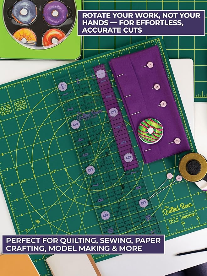 The Quilted Bear Rotating Cutting Mat 7" x 7" - Locking & Rotating Self Healing Cutting Board for Sewing, Fabric & Effortless Quilting - 360 Degree Sewing Supplies Mat for Craft Table (Green)