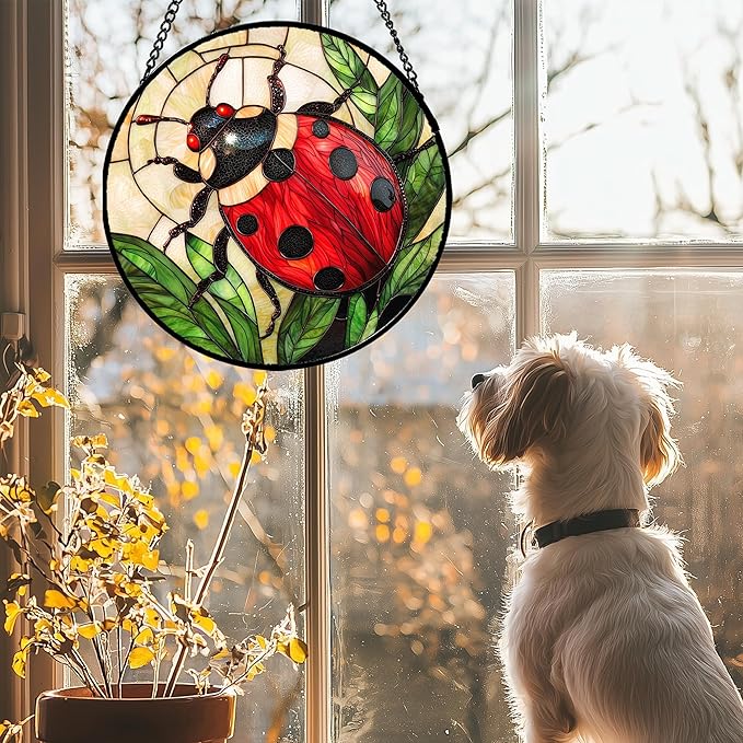 Stained Glass Window Hanging - Red Seven-Spotted Ladybug Sun Catcher for Door Home Decor Insect Suncatcher Christmas Mother's Day Birthday Gifts for Women Men Mom Nana 11.8 in