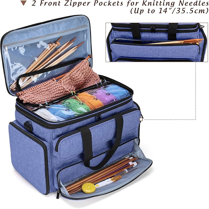 Yarwo Knitting Yarn Bag, Portable Crochet Storage Tote with Double Top Cover and Yarn Holes for Knitting Needles(Up to 14”), Unfinished Projects and Skeins of Yarn, Blue