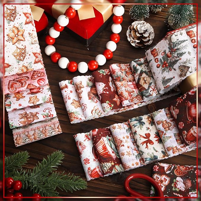 Ganeen 100 Pcs Christmas Gingerbread Man Quilting Fabric Roll 2. 56 Inch Fabric Squares Jelly Patchwork Precut Strips Bundles for Holiday Materials Craft DIY Sewing Cloths