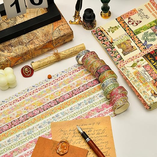 20 Rolls Flowers Washi Tape Set Floral Arts Adhesive Tapes Gold Foil Decorative Masking Tape Sets for Craft, Kids, Scrapbook, DIY, Gift Wrapping