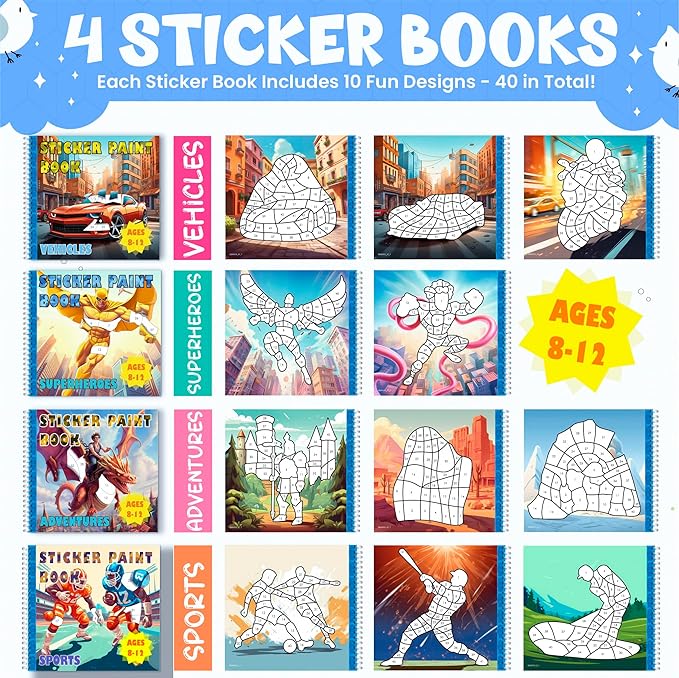BulbaCraft 4Pcs Sticker Paint Books - Sticker Books by Number with Superheroes, Sports, Vehicles and Adventures - Coloring Activity