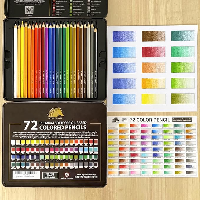 MyArtscape Oil Based Colored Pencils Set, 72 pcs Premium Color Pencils, Vibrant Colors, Break-Resistant Core, Art Kit with Adult Coloring Book