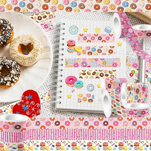Donut Washi Tape Set 12 Rolls, Candy Cake Themed DIY Decorative Tape for Scrapbook Decorating, Art Journaling Accessories and Craft Projects