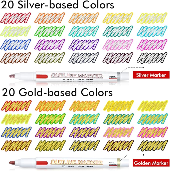 Shuttle Art 40 Pack Double Line Outline Permanent Markers, 20 Silver and 20 Gold Colors Squiggles Shimmer Markers Set, Self Outline Metallic Marker Pens for Drawing, Christmas Card, DIY Crafts