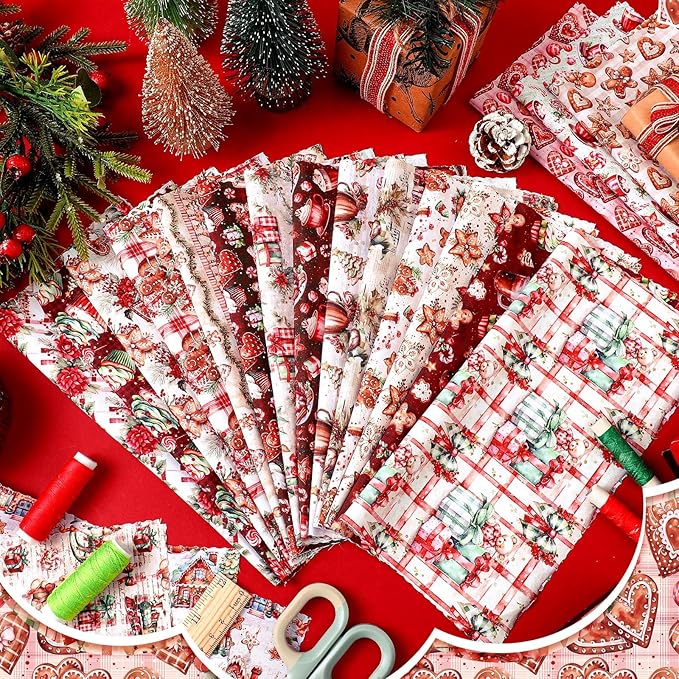 HunnmingRe 20 Pcs 10''x10'' Christmas Gingerbread Man Quilting Fabric Square Xmas Tree Santa Candy Cane Quiltted Fabric Bundle Mlticolor Precuts Printed Patchwork Supplies for Holiday DIY Sewing Craft