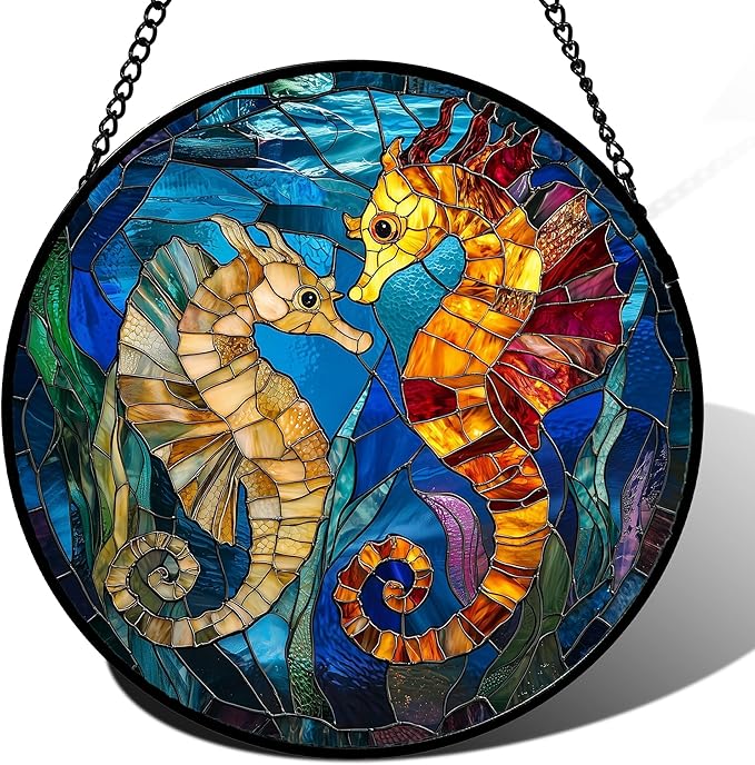 Stained Glass Window Hanging - Blue Ocean Orange Seahorse Suncatcher for Door Terrace Garden Home Decor, Marine Life Sun Catcher Birthday Gifts for Lovers Women Men Dad Mom Nana 6.3 in