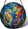 Stained Glass Window Hanging - Blue Ocean Orange Seahorse Suncatcher for Door Terrace Garden Home Decor, Marine Life Sun Catcher Birthday Gifts for Lovers Women Men Dad Mom Nana 6.3 in