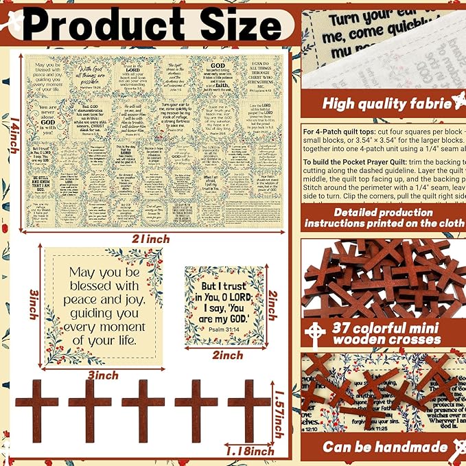 Pocket Prayer Quilt Panel Squares with Small Wooden Crosses Mini Scripture Pocket Prayer Quilt for Friend Family Religious Spiritual Gift Easter Reward Gift(Wildflower,Brown)