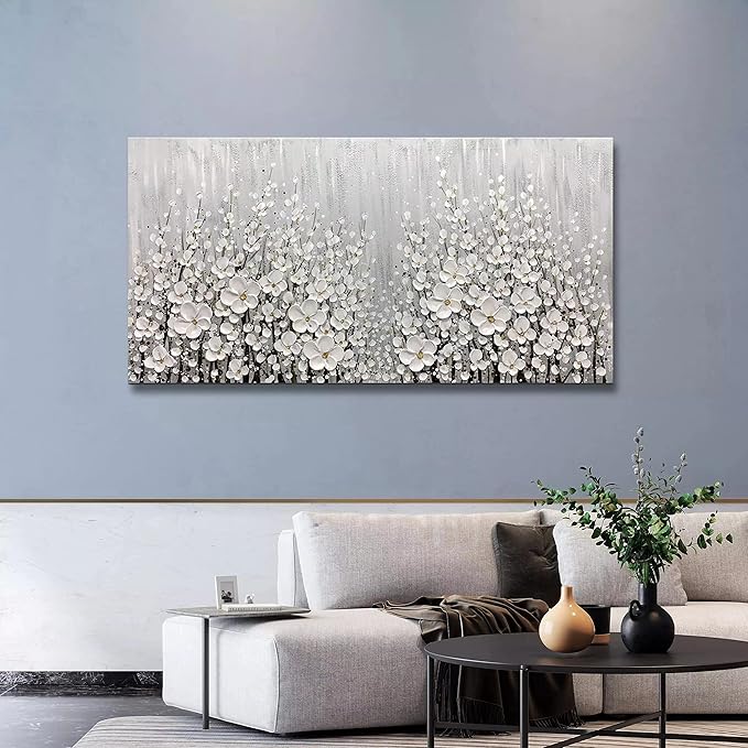 V-inspire Art, 30x60 Inch Hand Painted 3D White Flowers Wall Art Abstract Canvas Oil Paintings Wall Decorations for Living room Dining room Bedroom Artwork for Home Walls