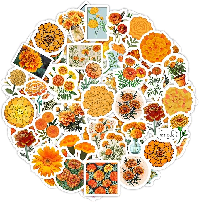 BulbaCraft Marigold Stickers for Water Bottle and Laptop - Floral Party Supplies, Decorations & Gifts, Waterproof Vinyl Decals, Gifts for Women & Men