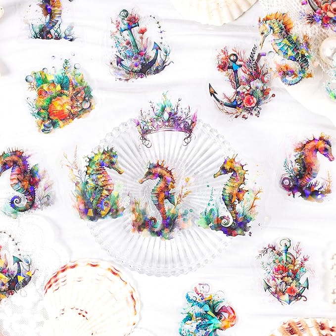 120Pcs Holographic Sea Animal Stickers - Transparent Ocean Life Decals Featuring Jellyfish, Seahorses, Dolphins, Whales, Conch Shells for Scrapbooking, Journals, Resin Art Projects
