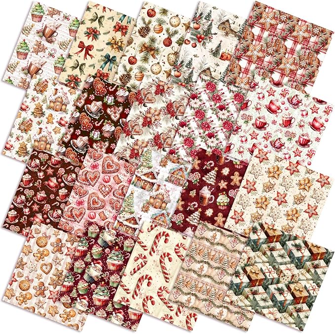Oudain 60 Pcs 10 x 10 Inch Gingerbread Man Quilting Fabric Squares Vintage Christmas Fat Patchwork Precut Strips Candy Cane Fabric Bundles for Xmas DIY Craft Sewing Handmade Materials