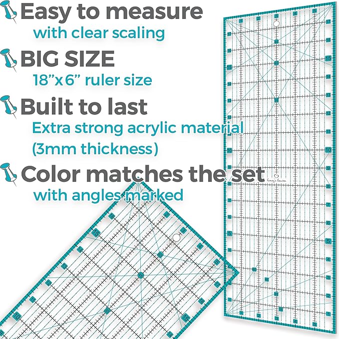 Rotary Cutter Set turquoise - Quilting Kit incl. 45mm Rotary Cutter, 5 Replacement Blades, A2 Cutting Mat, Acrylic Ruler and Craft Clips - Ideal for Crafting, Sewing, Patchworking, Crochet & Knitting