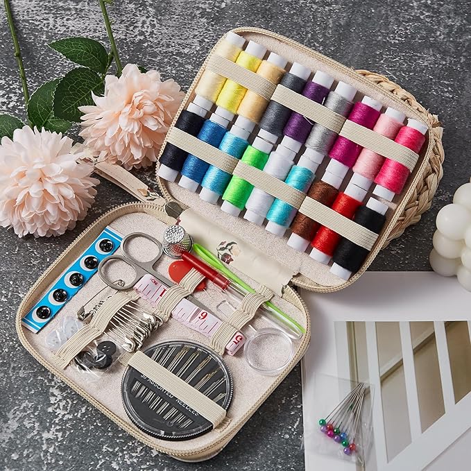 Floral Sewing Kit Printing Sewing Project Kits,Professional Sewing Supplies for Adults, Zipper Sewing Needles Set, 87 PCS Travel Sewing Accessory for Emergency, Home