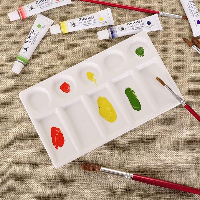 VanEnjoy 10 Wells White Rectangle Ceramic Artist Paint Palette,Porcelain Watercolor Palette,Ceramic Mixing Tray for Watercolor Gouache Painting, 7.6 inch