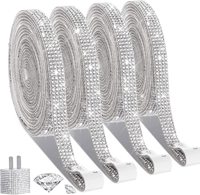 4 Rolls Self Adhesive Crystal Rhinestone Ribbon Diamond Bling Tape with 2 mm Rhinestones Strips Sticker for Arts Crafts Wedding Birthday Party DIY Event Car Phone Decoration (Silver)