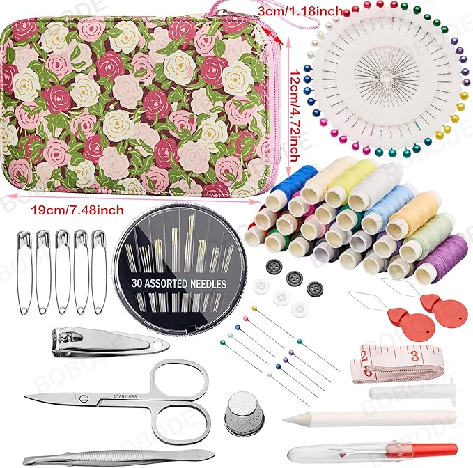Rose Floral Sewing Kit with 130 PCS Sewing Supplies Accessory,PU Zipper Sewing Needles Set, Professional Travel Sewing Kit for Adults,Emergency, Home
