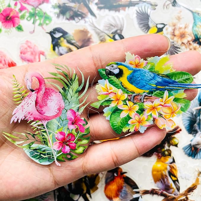 180 Pcs Transparent Flower Bird Stickers – Watercolor Floral Scrapbooking Supplies with Hummingbirds, Flamingos, Parrots – Clear Nature Stickers for Journals & Resin Art Crafts