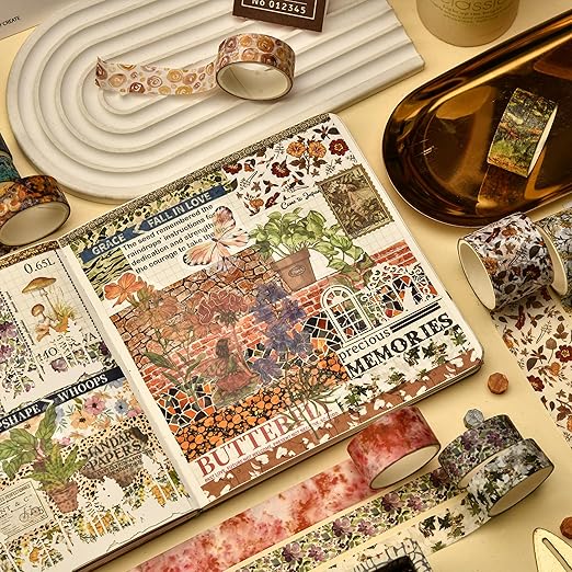 8 Rolls Retro Washi Tape Set Vintage Arts Adhesive Tapes Wide Painting Patterned Decorative Masking Tape Sets for Craft, Kids, Scrapbook, DIY, Gift Wrapping (Dunhuang)