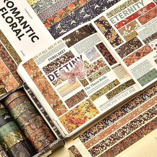 12 Rolls Chinoiserie Washi Tape Set Chinese Arts Adhesive Tapes Geometric Garden Decorative Masking Tape Sets for Craft, Kids, Scrapbook, DIY, Gift Wrapping (Almond Blossom Ridge)