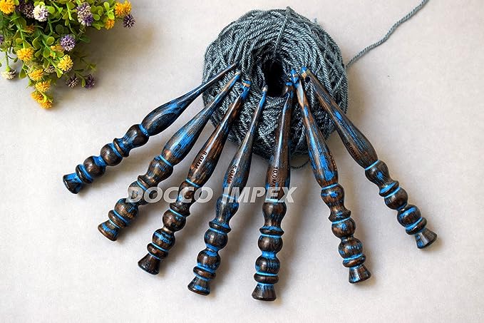 Handmade Ergonomic Wooden Crochet Hooks for Arthritic Hands (Set of 7) Needles for Yarn Accessories | Size 4 mm to 10 mm with Engraved | Yarn Tool (Blue)