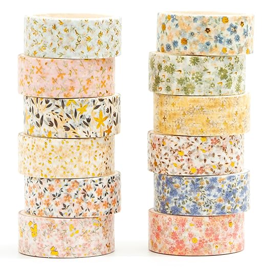12 Rolls Charming Washi Tape Set Gold Silver Foil Detailing Arts Adhesive Tapes Basic Patterns Decorative Masking Tape Sets for Craft, Kids, Scrapbook, DIY, Gift Wrapping (Spring Bloom)