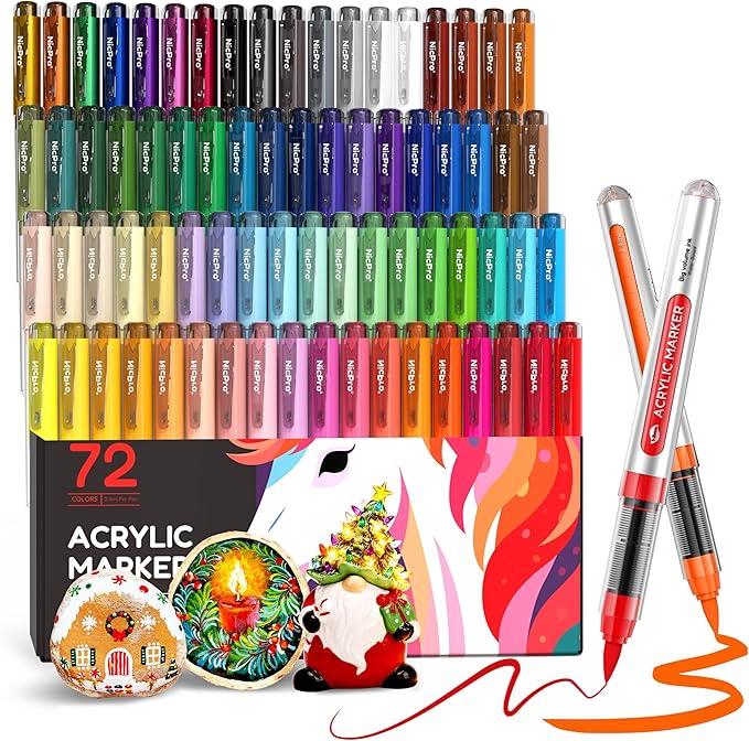 Nicpro 72 Colors Acrylic Paint Markers Brush Tip, Water-Based No-Bleed Paint Markers with Automatic Ink Control, Waterproof Acrylic Paint Pens for DIY Art & Crafts - Rock, Wood, Glass, Ceramic, Fabric