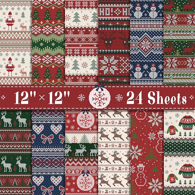 24 Sheets Christmas Scrapbook Paper 12'' × 12'' Double-Sided Xmas Red Green Blue Pattern Paper Decorative Art Cardstock for Holiday DIY Crafts Card Making Scrapbook Supplies