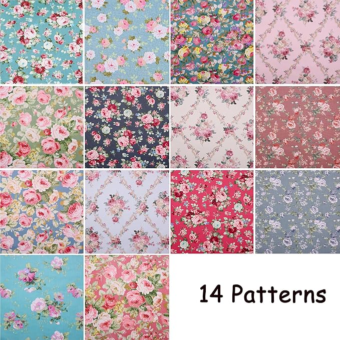 14-Piece Vintage Floral Fat Quarters Fabric Bundles - 18" x 22" Pre-Cut 100% Cotton Quilting Fabric - Retro Floral Prints Material for Sewing, Quilting, and DIY Crafts