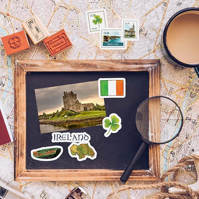 Navy Peony Emerald Ireland Travel Stickers (34pcs) - Watercolor, Waterproof, Irish Themed Vacation Decals for Journals, Scrapbooks, Tumblers