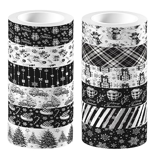 Adirasenotek 12 Rolls Black Christmas Washi Tape Decorative Tape,Snowflake Xmas Pattern for DIY Art Craft Gift Wrapping Scrapbook Journal Planners Xmas Supplies