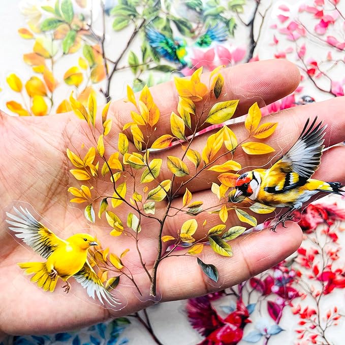 120-Piece Clear Bird & Floral Branch Sticker - Vintage Watercolor Nature Scrapbook Stickers for Scrapbooking, Journals, Art Crafts, Stationery Decoration