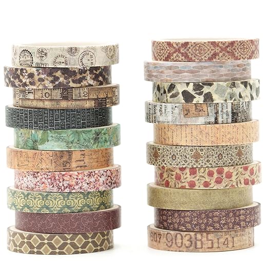 20 Rolls Skinny Vintage Washi Tape Set Retro Arts Adhesive Tapes Basic Patterns Decorative Masking Tape Sets for Craft, Kids, Scrapbook, DIY, Gift Wrapping (Through The Years)