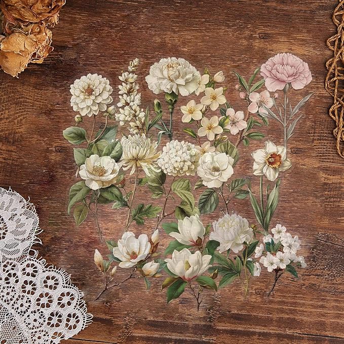 50pcs White Flower Scrapbook Stickers – Vintage Botanical Clear Floral Aesthetic Stickers for Journaling, Scrapbooking, Cards, Planners