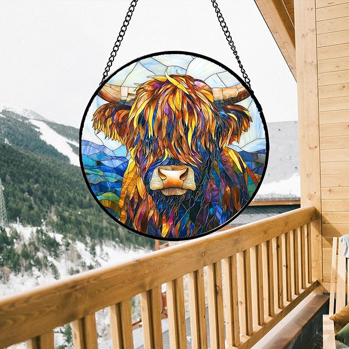 Stained Glass Window Hanging - Highland Cattle Suncatcher for Door Terrace Garden Home Decor Western Style Brown Cow Sun Catcher Birthday Gifts for Lovers Women Men Dad Mom Nana 11.8 in