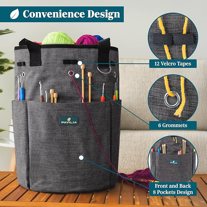 PAVILIA Crochet Bag Knitting Bag Organizer, Yarn Bag Storage Tote for Crocheting On The Go, Knitting Accessories Supplies Holder with Grommets, Gift for Crochet Lovers Knitters (Charcoal Gray)