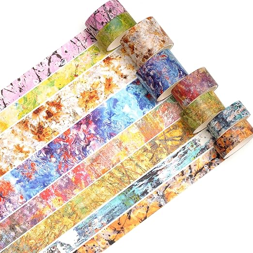 8 Rolls Retro Washi Tape Set Vintage Arts Adhesive Tapes Wide Painting Patterned Decorative Masking Tape Sets for Craft, Kids, Scrapbook, DIY, Gift Wrapping (Mottled Oil Paint)