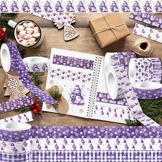 12 Rolls Purple Christmas Washi Tape Decorative Tape,Gingerbread Man Snowflake Christmas Tree Snowman Pattern for DIY Art Craft Gift Wrapping Scrapbook Journal Party Supplies Xmas Supplies