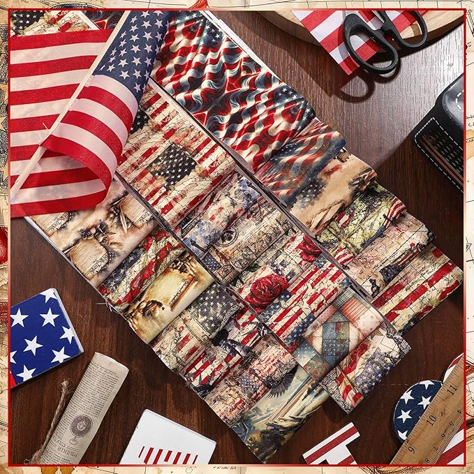 Ganeen 100 Pcs Patriotic Quilting Fabric Roll Vintage 4th of July 2.56 Inch Fabric Squares Jelly Patchwork Precut Strips Bundles for Memorial Day Holiday Materials Craft DIY Sewing Cloths
