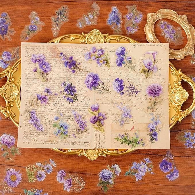 50pcs Purple Flower Stickers for Scrapbooking - Waterproof Transparent Floral Botanical Sticker for Journaling, Crafts, Art Projects, Glass Potion Bottles