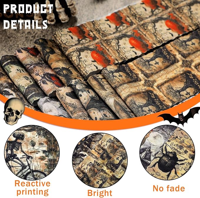 Ganeen 100 Pcs Vintage Halloween Quilting Fabric Roll Skeleton 2. 56 Inch Fabric Squares Jelly Patchwork Precut Strips Bundles for Holiday Materials Craft DIY Sewing Cloths