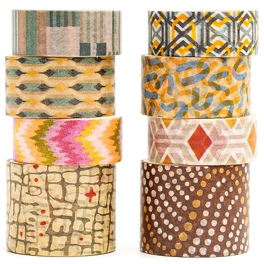 8 Rolls Retro Washi Tape Set Vintage Arts Adhesive Tapes Wide Painting Patterned Decorative Masking Tape Sets for Craft, Kids, Scrapbook, DIY, Gift Wrapping (Geometric Aesthetics)