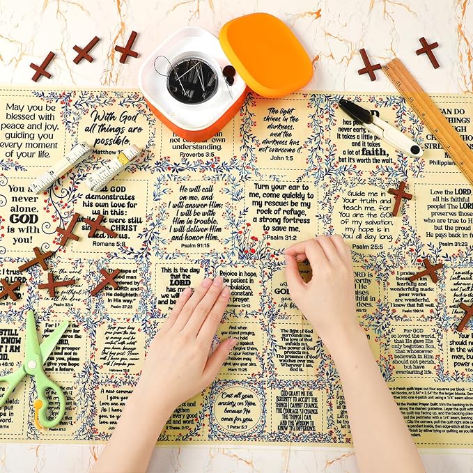 Pocket Prayer Quilt Panel Squares with Small Wooden Crosses Mini Scripture Pocket Prayer Quilt for Friend Family Religious Spiritual Gift Easter Reward Gift(Wildflower,Brown)
