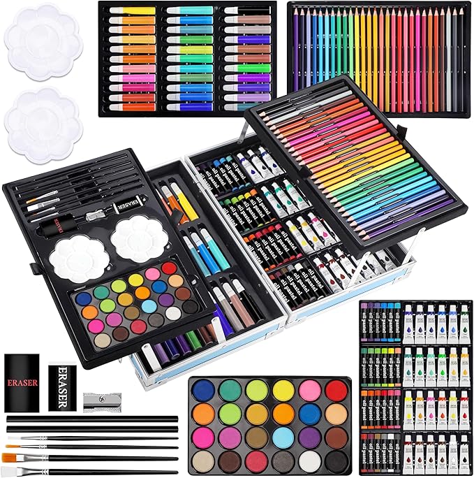 Art Supplies, 144-Piece Deluxe Art Set Professional Art Kit with Portable Aluminum Case, Crafts Drawing Painting Kit for Gifts Adults Kids Artists
