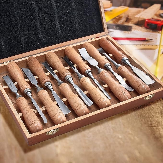 SELFIE CAT 12 Piece Wood Chisel Set for Woodworking Tools Wood Carving Tools with Wooden Case Wood Carving Kit for Beginners and Professionals