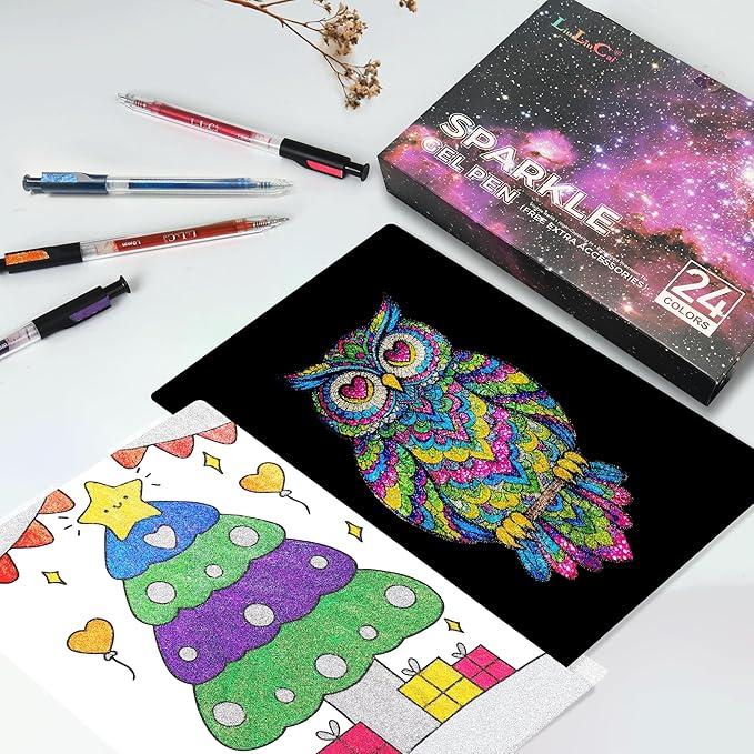 24 Colors Retractable Glitter Gel Pens, Large Capacity Metallic Sparkle Gel Ink Pens &1.0 mm Fine Tip, Colored Glitter Pens for Adult Coloring Book Drawing Note Taking Writing Doodling