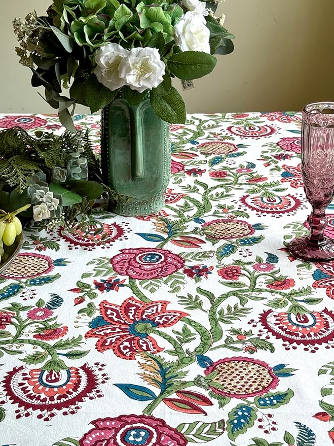 ATOSII Ruby 100% Cotton Rectangle Summer Tablecloth, Block Print Floral Table Cloth for Dining Table, Parties, Weddings, Outdoors Grand Millenial Decor I 60 X 108 Inches I 8 Seater I