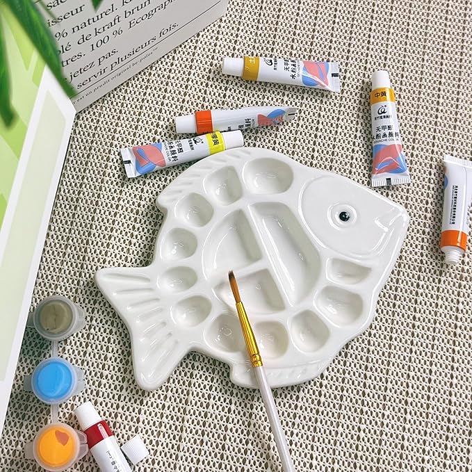 Ceramic Watercolor Palette - Whimsical Fish Design Paint Tray with Tail Brush Rest & Golden Triangle Mixing Zone, White Glazed Ceramic Artist Palette Suitable for all pigments - Painter's Gift